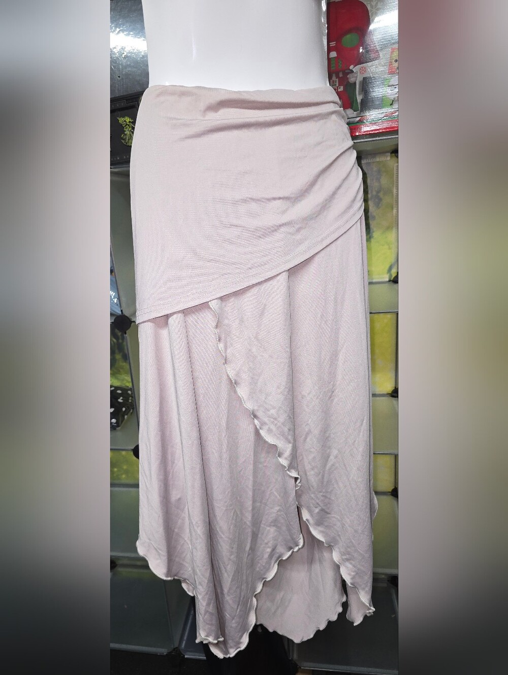 #85 Asymmetrical Light Tan Wrap-Front Midi Skirt